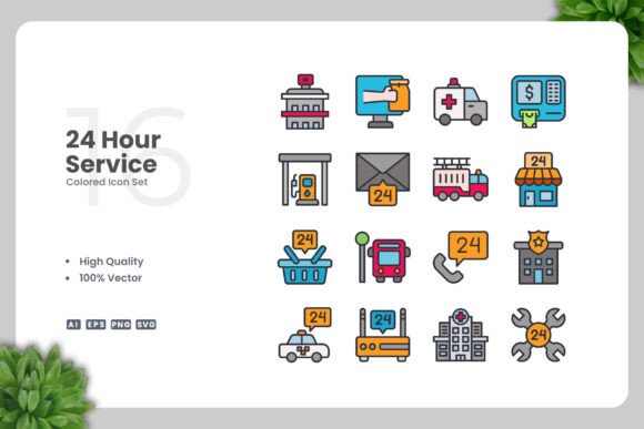 24 Hour Service Color Icons for Modern Web and Print Design
