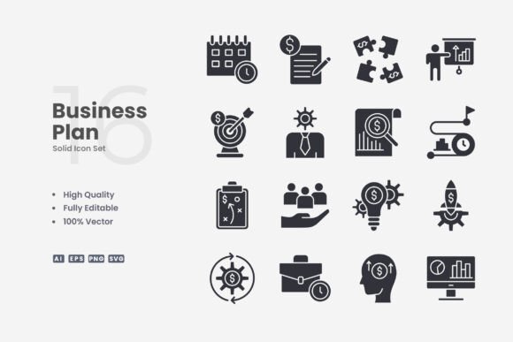 Business Plan Solid Icons for Crafting and Design
