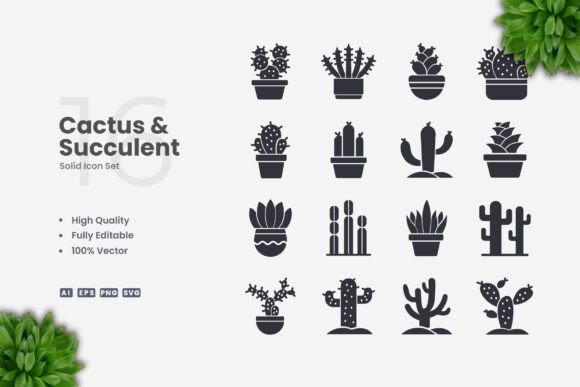 Cactus and Succulent Solid Icons - Modern Graphics for Content Publishing