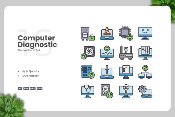 Computer Diagnostic Color Icons - Clean Graphics for Modern Branding