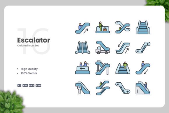 Escalator Color Icons for Graphics and Digital Projects