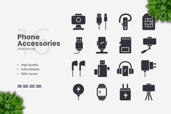 Phone Accessories Solid Icons - Clean Graphics for Handmade Creations