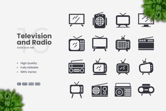 Tv and Radio Solid Icons - Clean Graphics for Handmade Creations